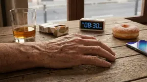 Mano di una persona accanto a sigarette, alcol, ciambella e sveglia su un tavolo di legno