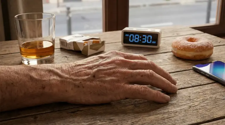 Mano di una persona accanto a sigarette, alcol, ciambella e sveglia su un tavolo di legno