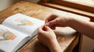 Persona che applica pressione su un dito della mano con un libro di riflessologia sul tavolo
