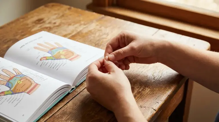 Persona che applica pressione su un dito della mano con un libro di riflessologia sul tavolo