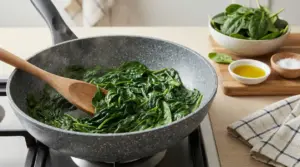 Spinaci freschi in padella con cucchiaio di legno durante la cottura