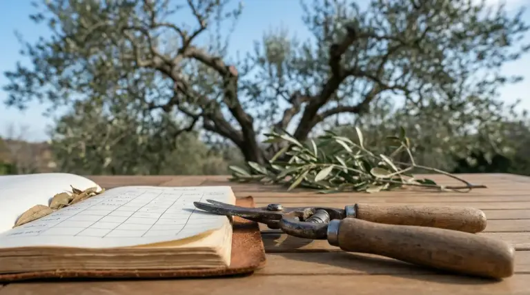 Forbici da potatura, agenda e ramo d’ulivo su un tavolo all’aperto con un albero di ulivo sullo sfondo