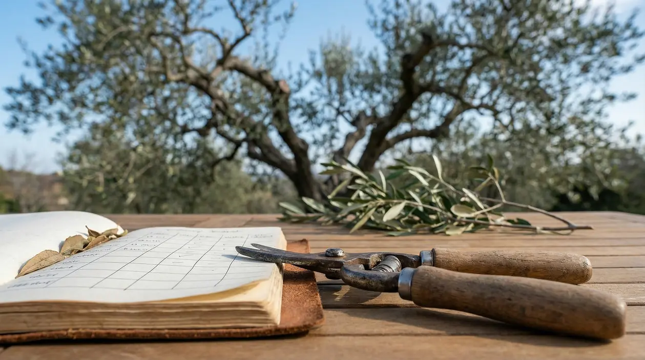 Forbici da potatura, agenda e ramo d’ulivo su un tavolo all’aperto con un albero di ulivo sullo sfondo