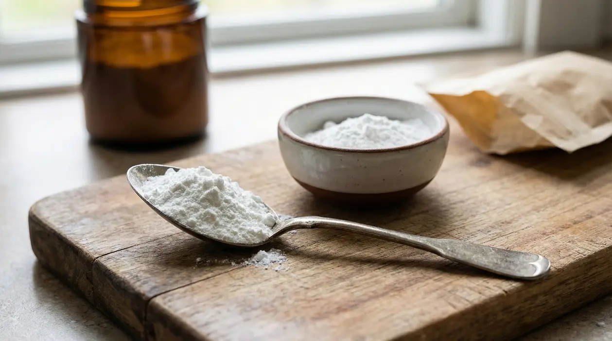 Cucchiaio con cremor tartaro in polvere su tagliere di legno, vicino a una ciotola e un contenitore.