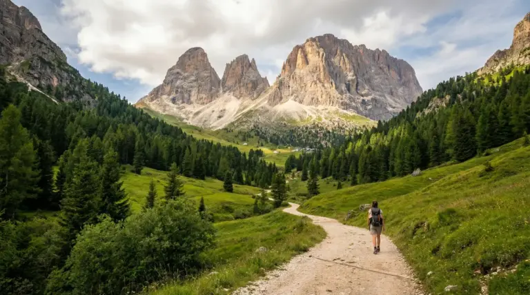 Persona che cammina su un sentiero tra prati e boschi verso una catena montuosa