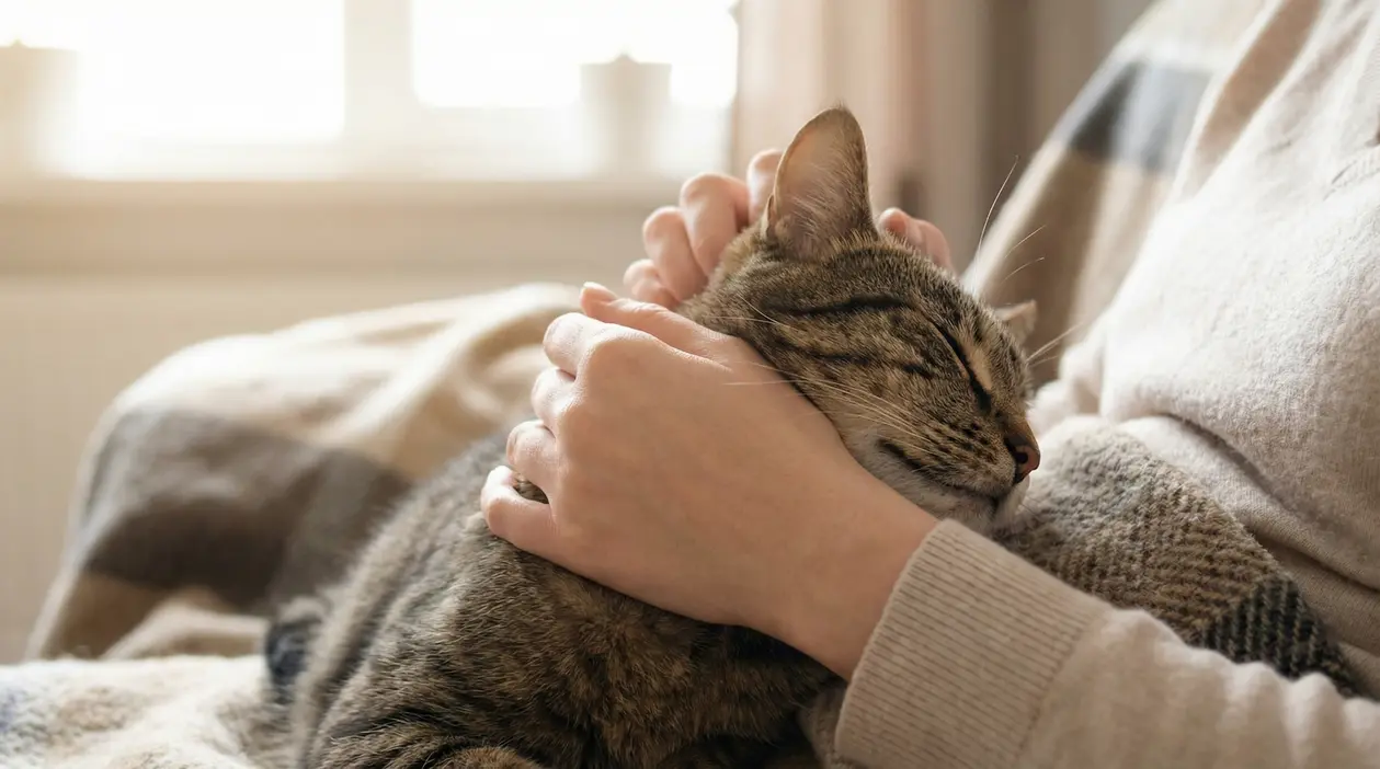 Gatto tigrato si rilassa tra le braccia di una persona su una coperta