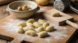 Gnocchi fatti in casa su un tagliere infarinato con utensili da cucina