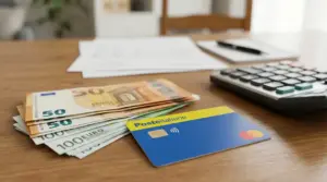Banconote in euro, una carta Poste Italiane e una calcolatrice su un tavolo