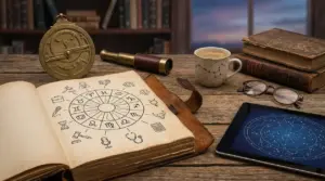 Oggetti astrologici su un tavolo, incluso un libro con simboli zodiacali e una mappa stellare su tablet