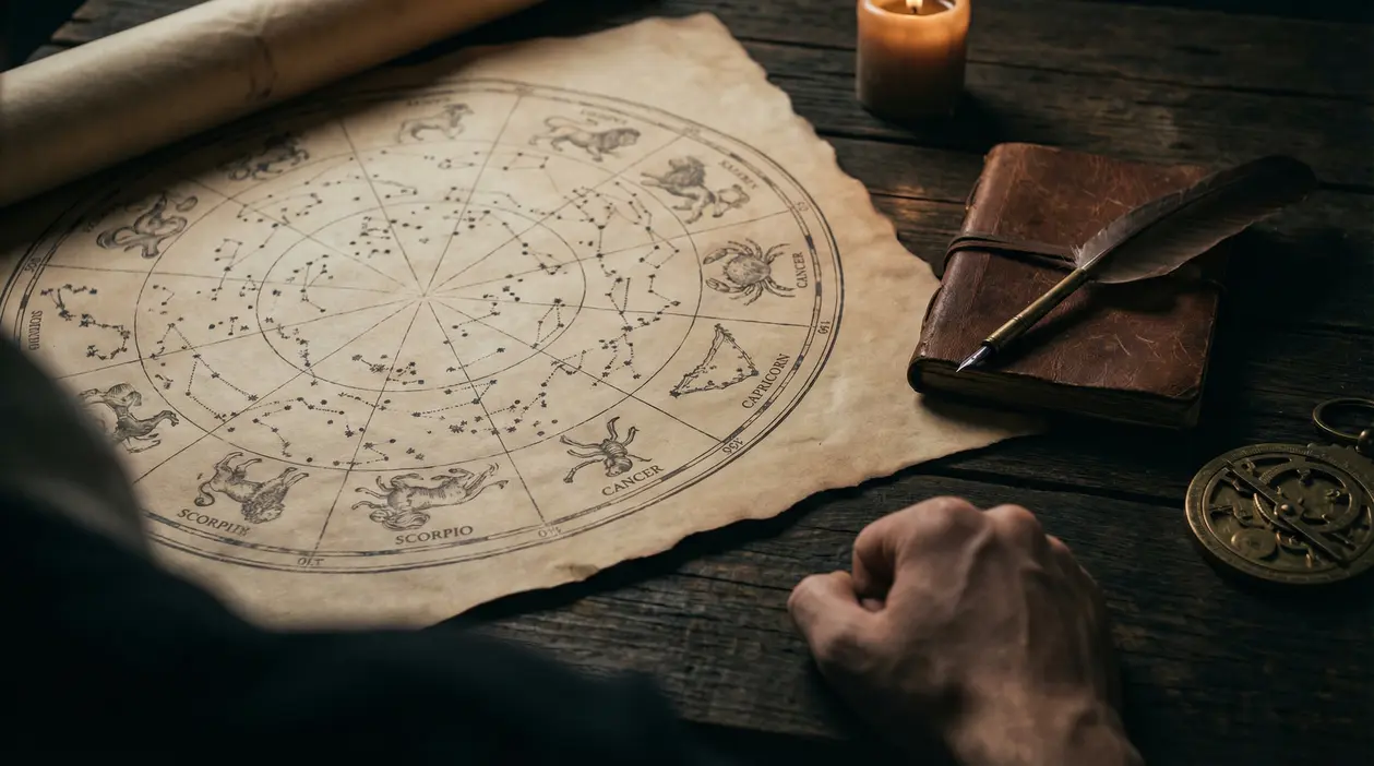 Una persona osserva una mappa astrologica antica su un tavolo di legno con candela e taccuino