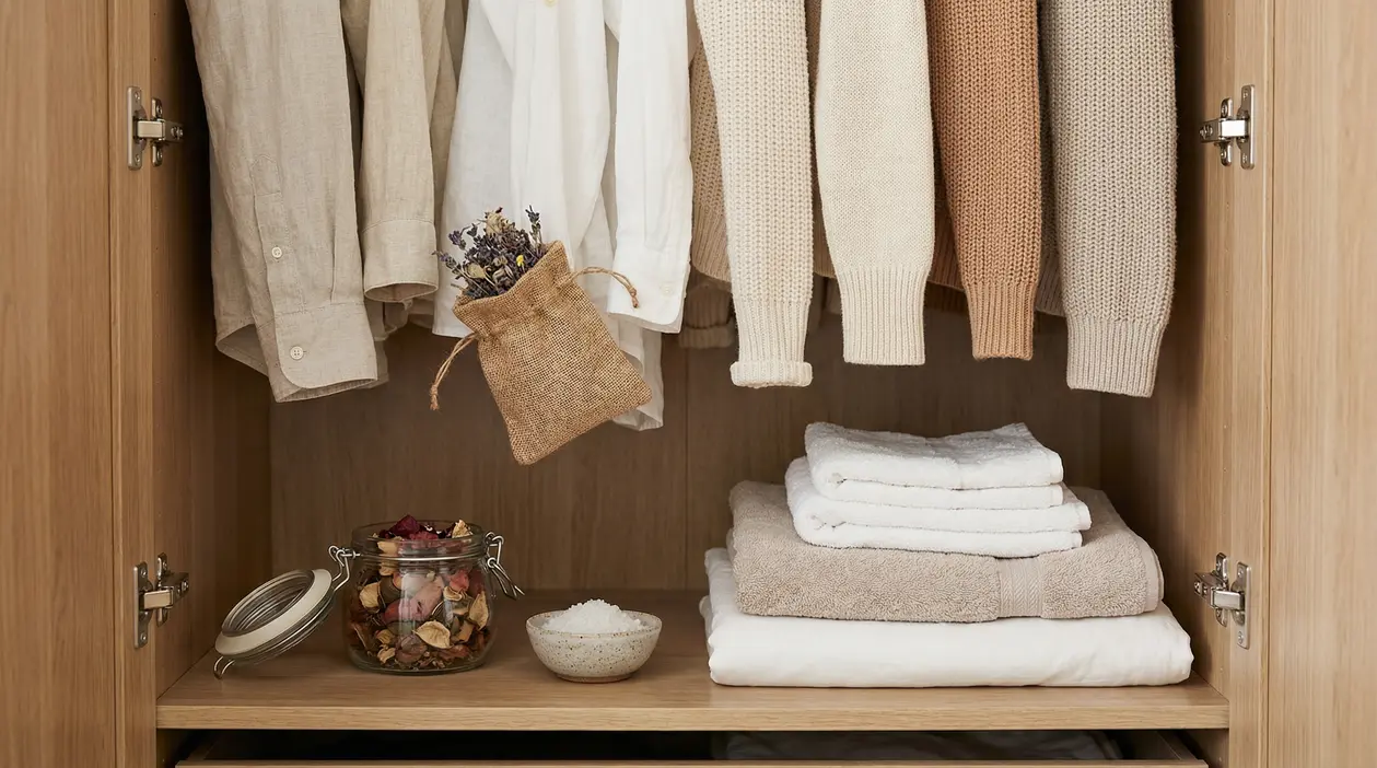 Interno di un armadio con abiti ordinati, sacchetto profumato e asciugamani piegati