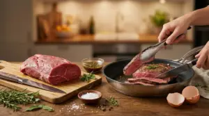 Taglio di carne cruda su tagliere e carne cotta in padella in una cucina