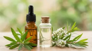 Boccette di olio essenziale con foglie e fiori di Tea Tree su un tavolo