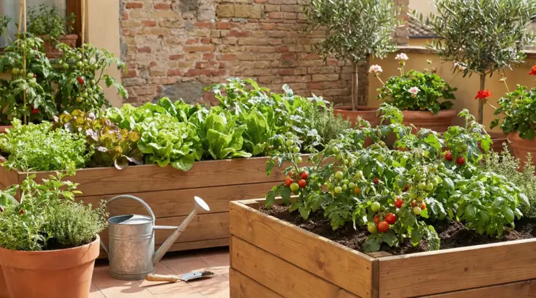 Orto in terrazzo con pomodori, insalate e aromatiche in cassette di legno