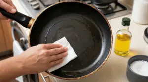 Mano che pulisce una padella con carta da cucina su un piano vicino a olio e sale