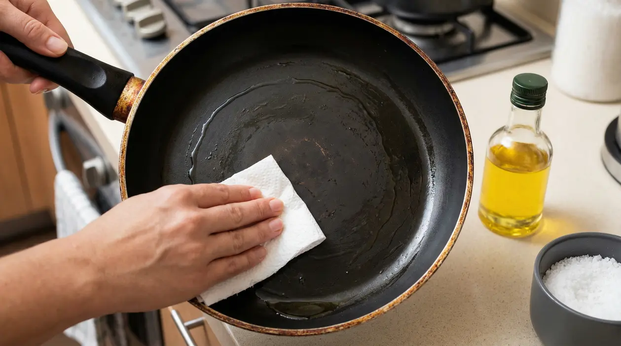 Mano che pulisce una padella con carta da cucina su un piano vicino a olio e sale
