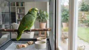 Pappagallo verde in una gabbia vicino a una finestra con vista sul giardino