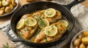Petti di pollo al limone cotti in padella con fettine di limone e rosmarino