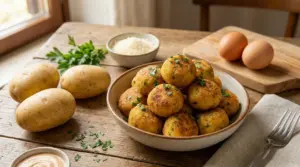 Polpette di patate dorate in una ciotola, circondate da uova, patate e prezzemolo su un tavolo rustico