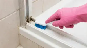 Mano con guanto rosa che pulisce i binari della doccia con una spazzola