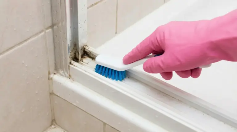 Mano con guanto rosa che pulisce i binari della doccia con una spazzola