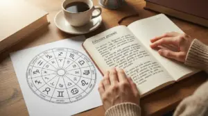 Una persona scrive su un quaderno accanto a un grafico dei segni zodiacali e una tazza di caffè