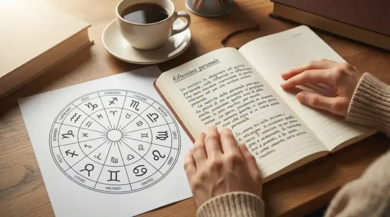 Una persona scrive su un quaderno accanto a un grafico dei segni zodiacali e una tazza di caffè