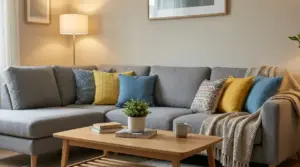 Divano grigio con cuscini colorati e coperta beige in un salotto moderno