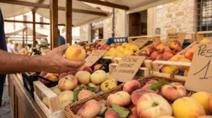 Una persona sceglie una pesca matura tra cassette di frutta in un mercato all'aperto