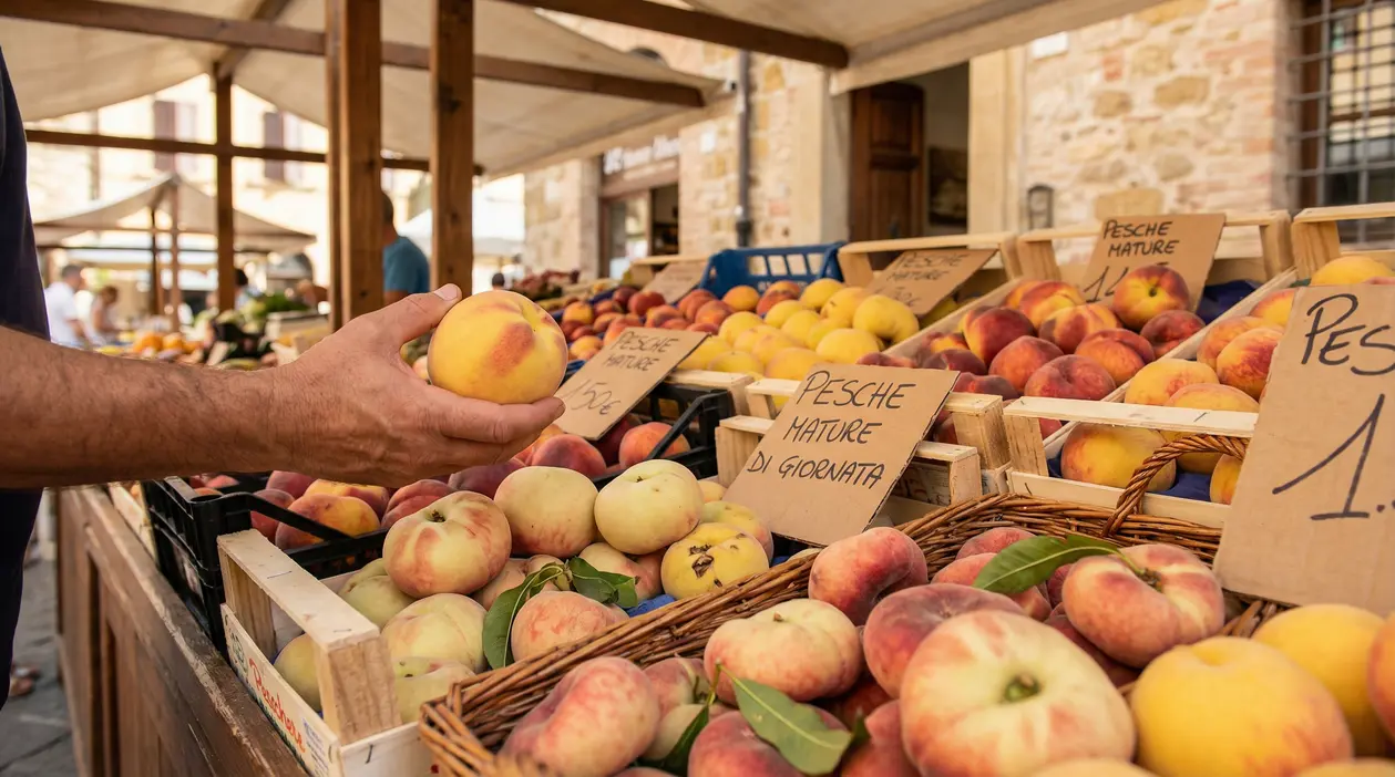 Una persona sceglie una pesca matura tra cassette di frutta in un mercato all'aperto