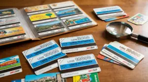 Collezione di vecchie schede telefoniche SIP su un tavolo con lente d'ingrandimento