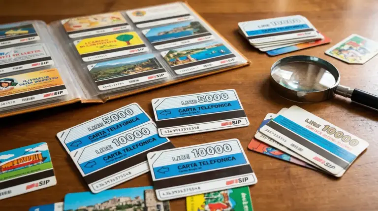 Collezione di vecchie schede telefoniche SIP su un tavolo con lente d'ingrandimento