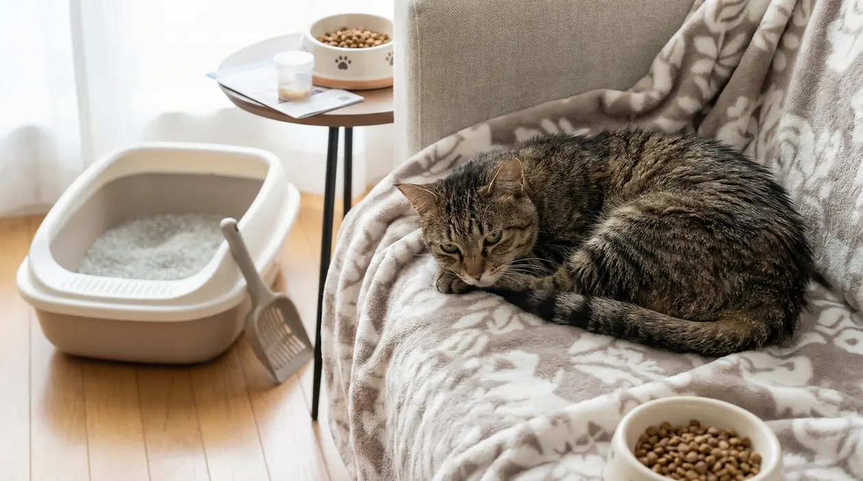 Gatto che riposa su una coperta vicino a una lettiera e ciotole di cibo