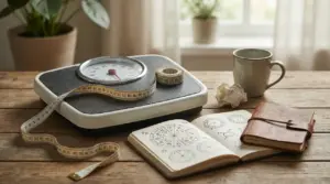 Bilancia pesapersone con metro e quaderno aperto con disegni di simboli zodiacali su un tavolo di legno