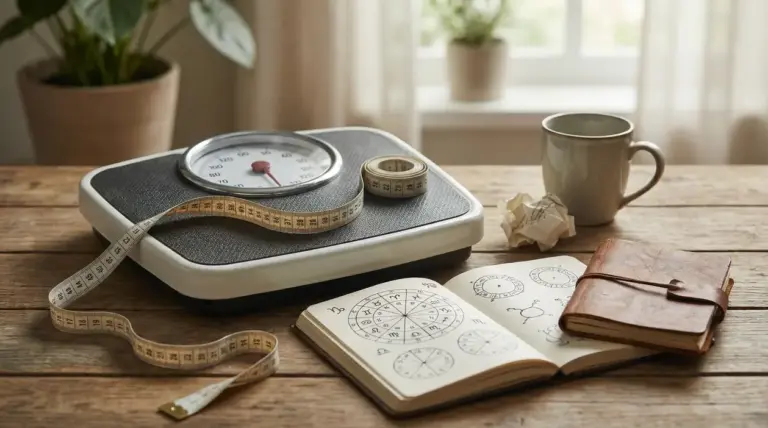 Bilancia pesapersone con metro e quaderno aperto con disegni di simboli zodiacali su un tavolo di legno