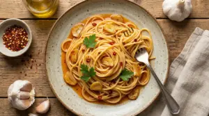 Piatto di spaghetti aglio, olio e peperoncino con aglio affettato e prezzemolo
