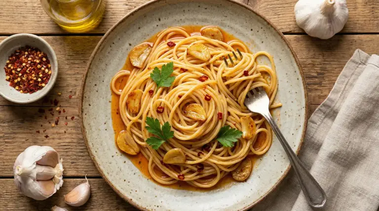 Piatto di spaghetti aglio, olio e peperoncino con aglio affettato e prezzemolo