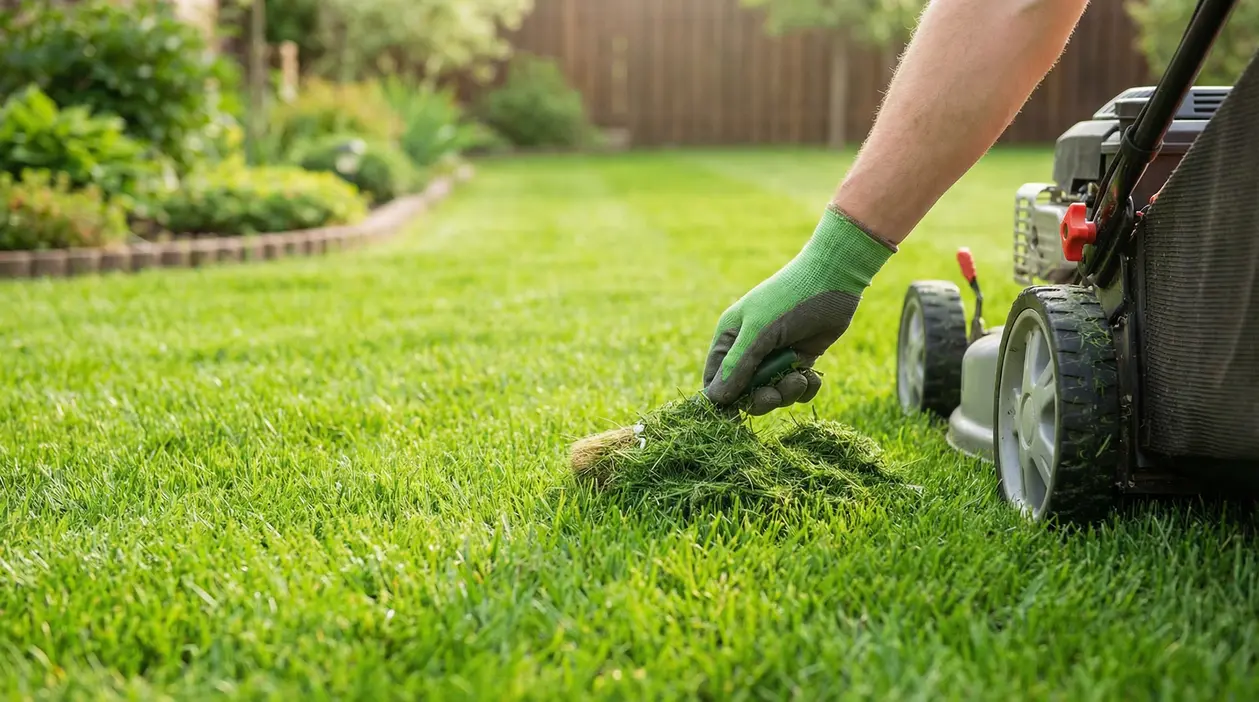 Una persona raccoglie erba tagliata accanto a un tosaerba su un prato ben curato