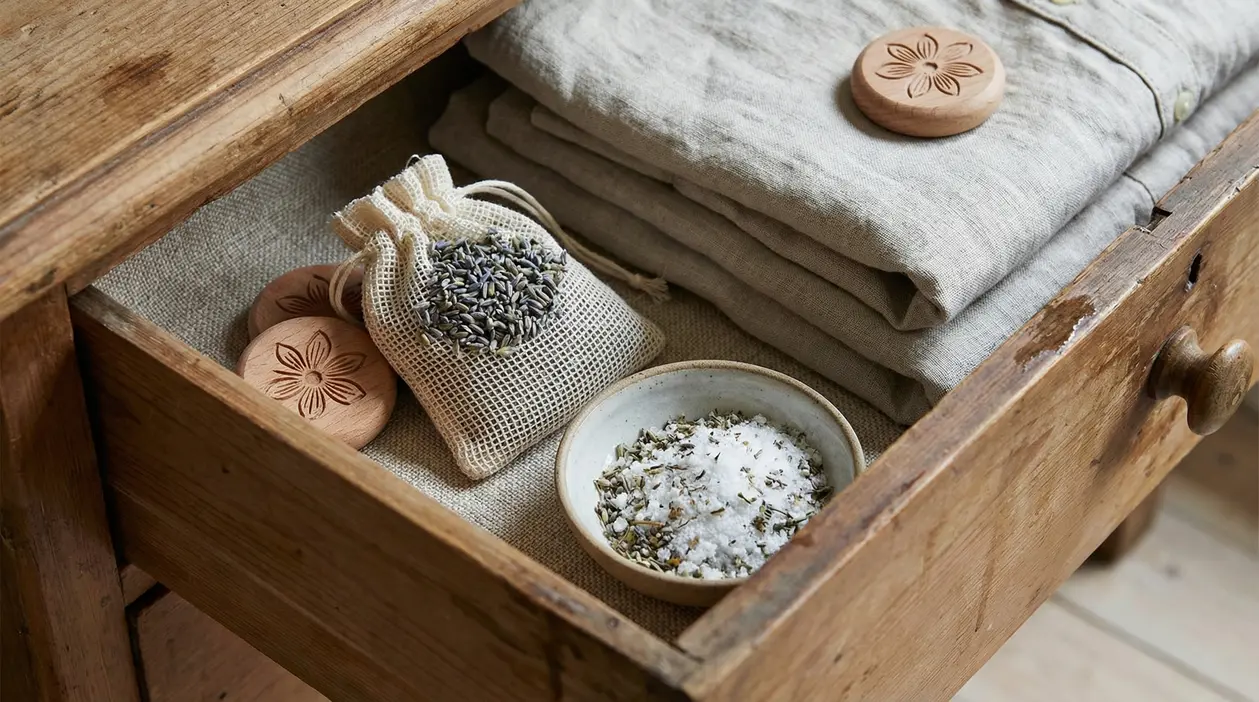 Cassetto in legno con sacchetto di lavanda, ciotola di sale aromatico e biancheria piegata