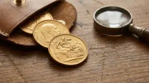 Vecchie sterline d'oro su un tavolo accanto a una lente d'ingrandimento