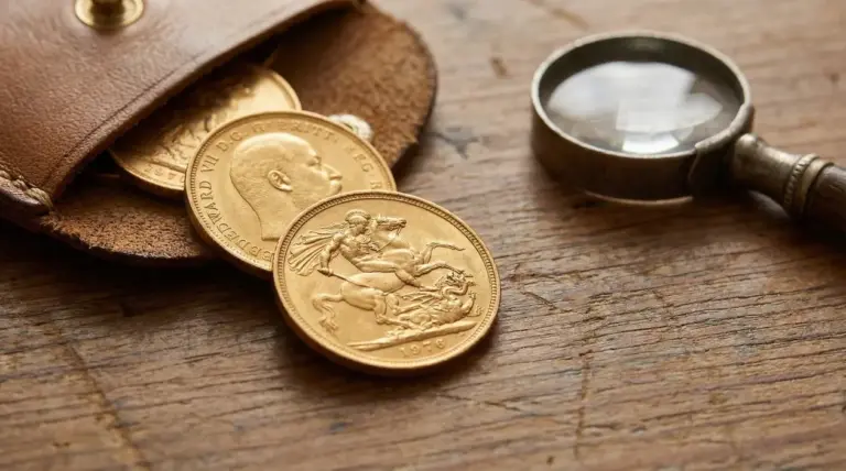 Vecchie sterline d'oro su un tavolo accanto a una lente d'ingrandimento