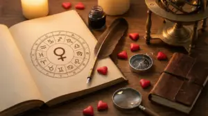 Un libro aperto con simboli zodiacali e il simbolo di Venere al centro, circondato da oggetti astrologici