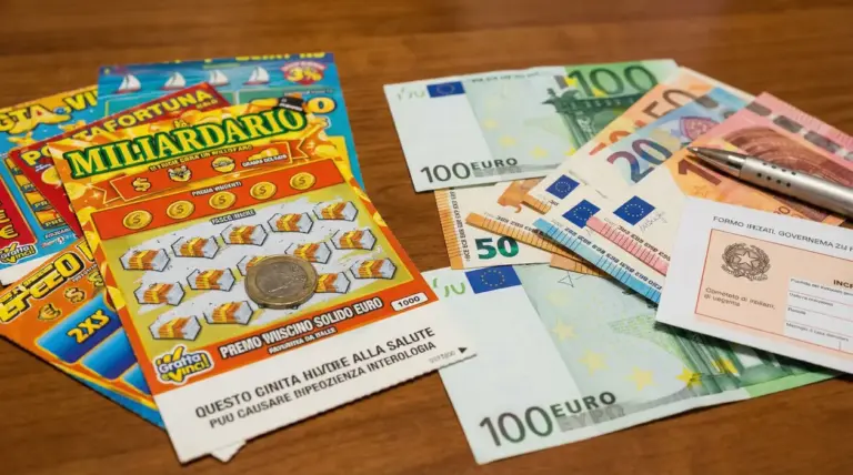 Gratta e vinci accanto a banconote in euro e un documento fiscale su un tavolo