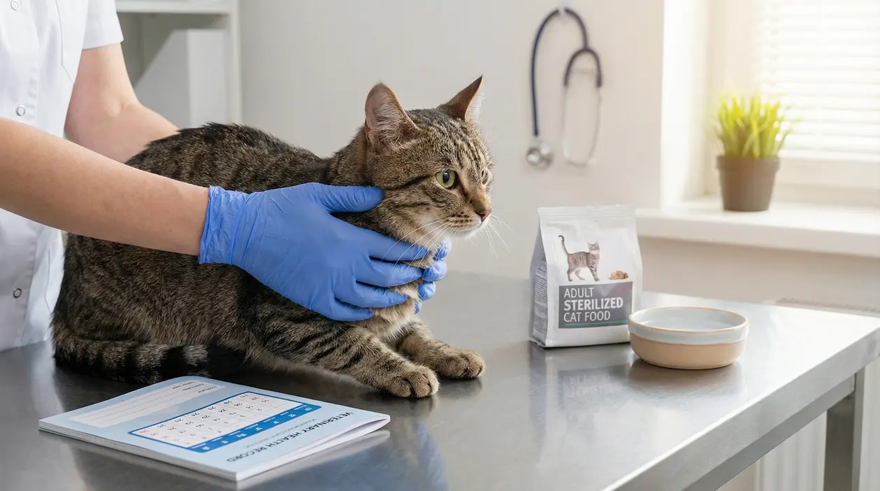 Gatto dal veterinario sul tavolo visita con cibo per gatti sterilizzati e una ciotola