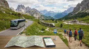 Escursionisti camminano vicino a un treno e un autobus sulle Dolomiti con mappa e smartphone su un tavolo