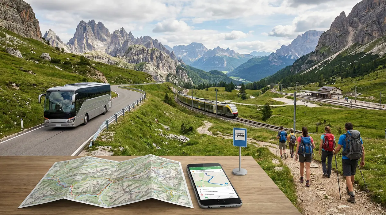 Escursionisti camminano vicino a un treno e un autobus sulle Dolomiti con mappa e smartphone su un tavolo